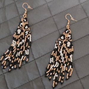 Elegant Beaded Dangle Earrings - Black, White, and Gold